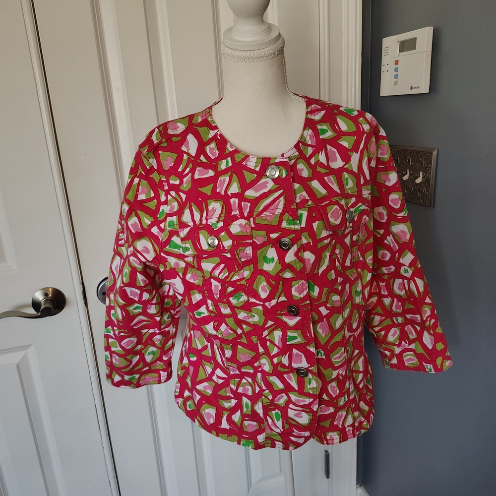 Laura Lane Pink and Green Floral Jacket 16 Euc‎